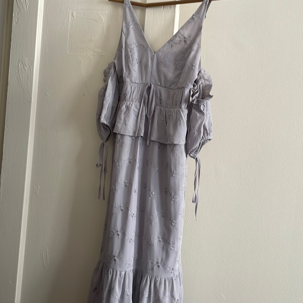 Light blue powder blue floral off shoulder coquette midi dress, sundress, tiered